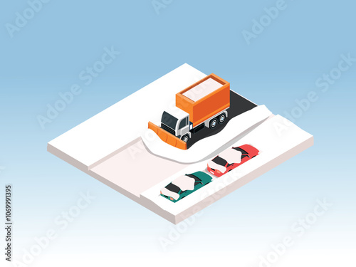 Snowplow Clearing Road with Parked Cars Covered in Snow 3d isometric vector illustration