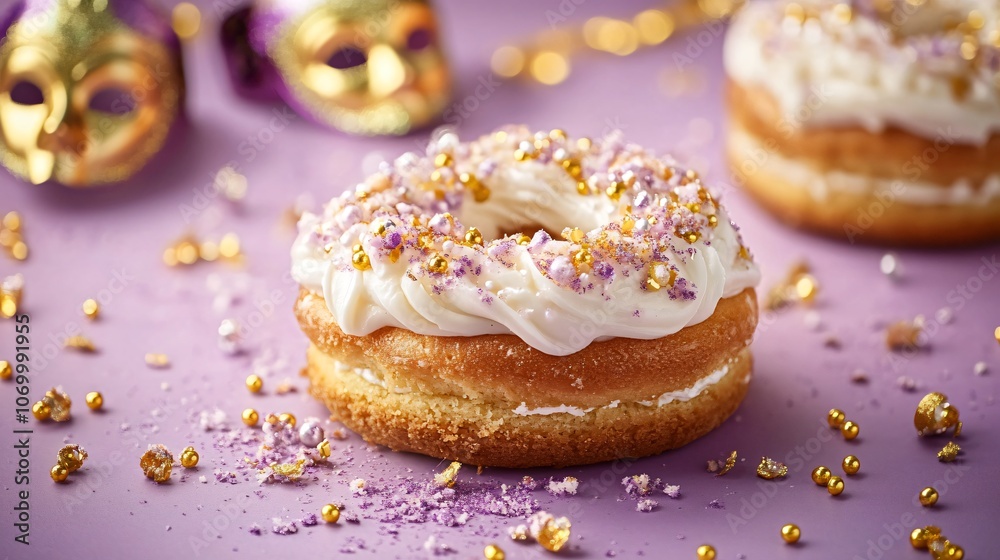 Decorative King Cake with cream cheese filling on a purple backdrop, with holiday masks and golden beads Decorative King Cake with cream cheese filling on a purple backdrop, with holiday masks and golden beads