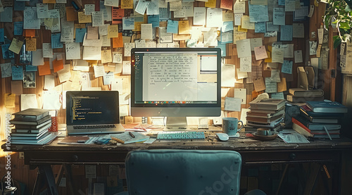 A cluttered desk with an open notebook, computer, and coffee mug on it, scattered papers, and post-it notes stuck to the wall behind it.