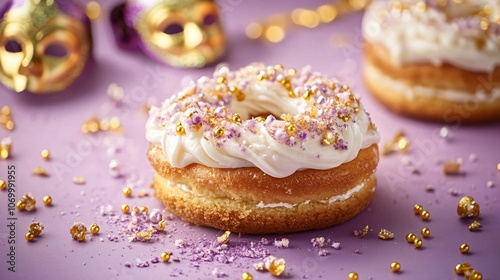 Decorative King Cake with cream cheese filling on a purple backdrop, with holiday masks and golden beads