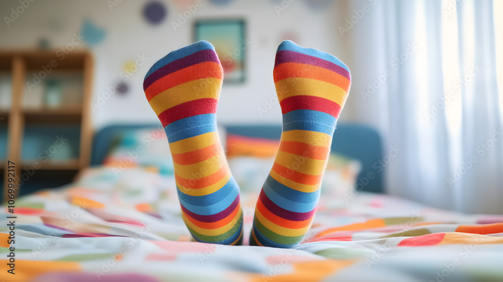 Vibrant Striped Socks Jumping Joyfully on Bed for Playful National Sock Day Vibrant Striped Socks Jumping Joyfully on Bed for Playful National Sock Day