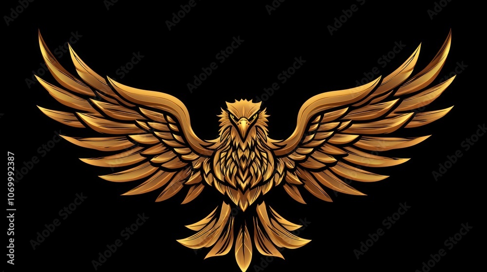 Fototapeta premium A golden eagle with its wings spread wide, soaring against a black background.