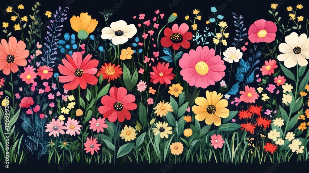 A vibrant and colorful illustration of a field of wildflowers in bloom against a dark background. A vibrant and colorful illustration of a field of wildflowers in bloom against a dark background.