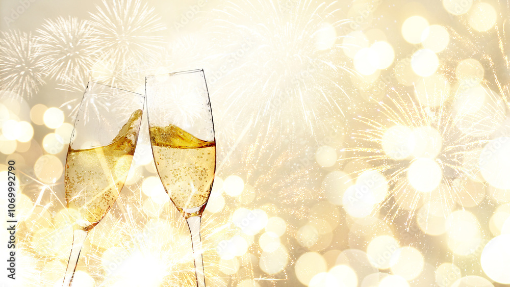 Chin Chin Champagne on gold bokeh background with ferverki and sparkles. Happy New Year and Christmas. Festive mood wallpaper. Two glasses of champagne. Luxury Christmas card Chin Chin Champagne on gold bokeh background with ferverki and sparkles. Happy New Year and Christmas. Festive mood wallpaper. Two glasses of champagne. Luxury Christmas card
