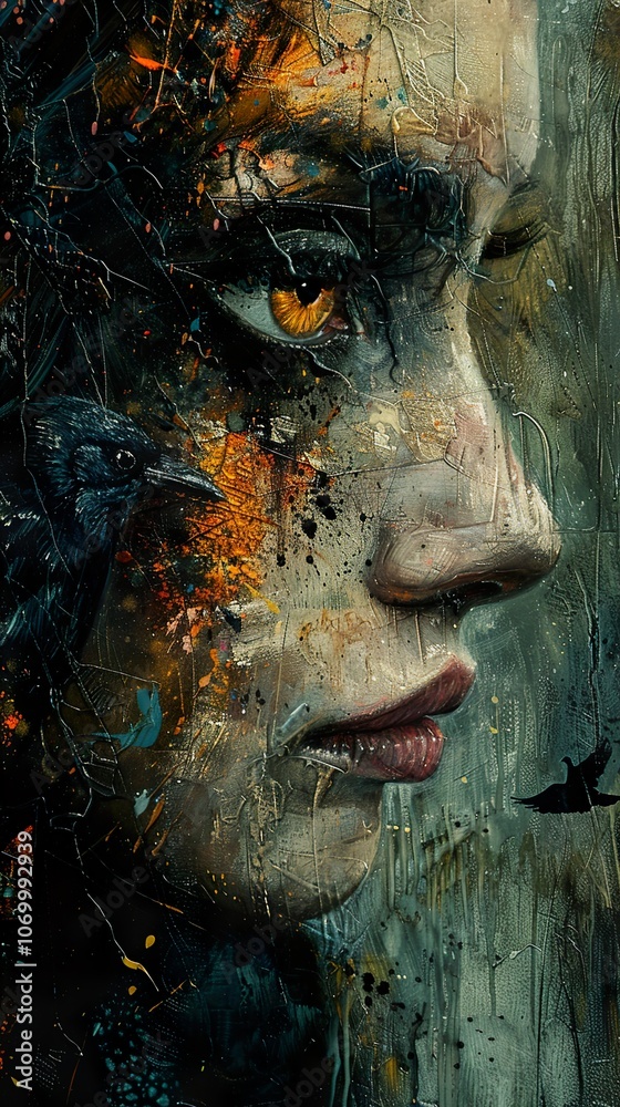 Fototapeta premium Abstract Portrait of a Woman with a Raven: A Surreal and Emotional Artwork