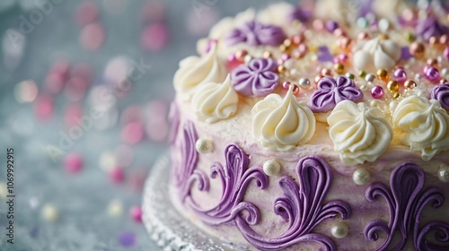 King Cake with intricate frosting and decorative fleur-de-lis on a pale lavender background, with small festive beads