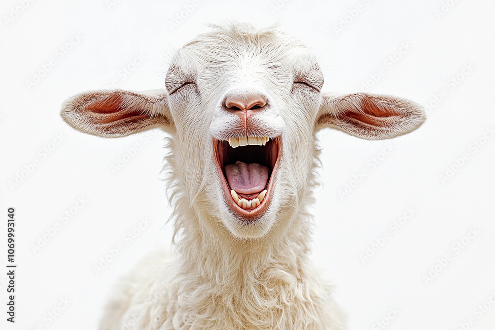 Fototapeta premium Goat Isolated on White Background: Portrait of a Cute funny Goat Laughing, Lamb, Funny animals
