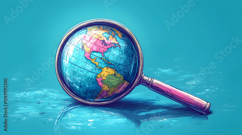 Photo of a Magnifying Glass Hovering Over an Earth Globe on a Blue Background, Highlighting Global Perspective, Exploration, and Environmental Awareness Themes, Ideal for Concepts of Geography, Knowle photo