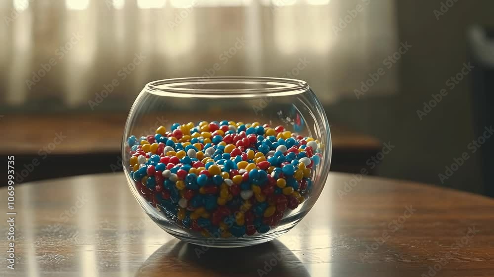 A glass bowl filled with colorful candies sits on a wooden table near a window A glass bowl filled with colorful candies sits on a wooden table near a window