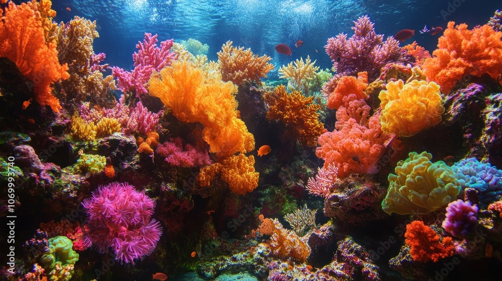Fototapeta premium Vibrant coral reef with diverse colorful coral formations and small fish swimming in a clear blue ocean.
