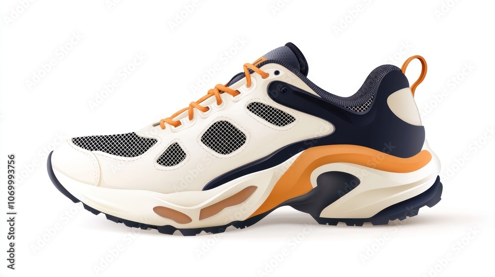 A stylish athletic shoe featuring a blend of cream and navy colors with orange accents. A stylish athletic shoe featuring a blend of cream and navy colors with orange accents.