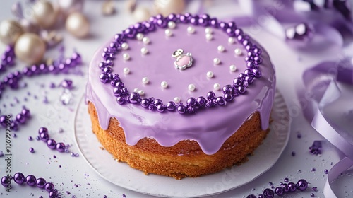 Round King Cake with shiny frosting and a hidden baby charm on a lavender background, surrounded by beads and ribbons