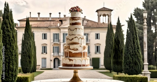 Classic Italian Villa Wedding Cake Against White Sky in Soft Light photo