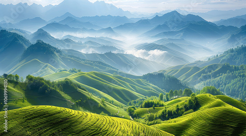 A mountain landscape with rolling green hills and mist in the distance.