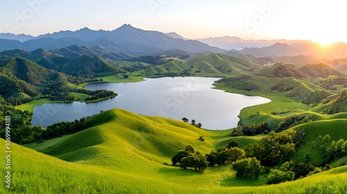 A scenic landscape featuring lush green hills, a tranquil lake, and majestic mountains under a colorful sunrise.