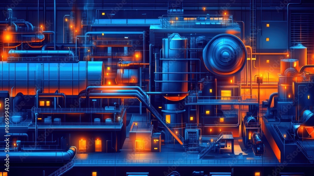 A detailed illustration of a large, industrial factory at night. The factory is lit up with many bright lights and the steam from the pipes creates a sense of industry. A detailed illustration of a large, industrial factory at night. The factory is lit up with many bright lights and the steam from the pipes creates a sense of industry.
