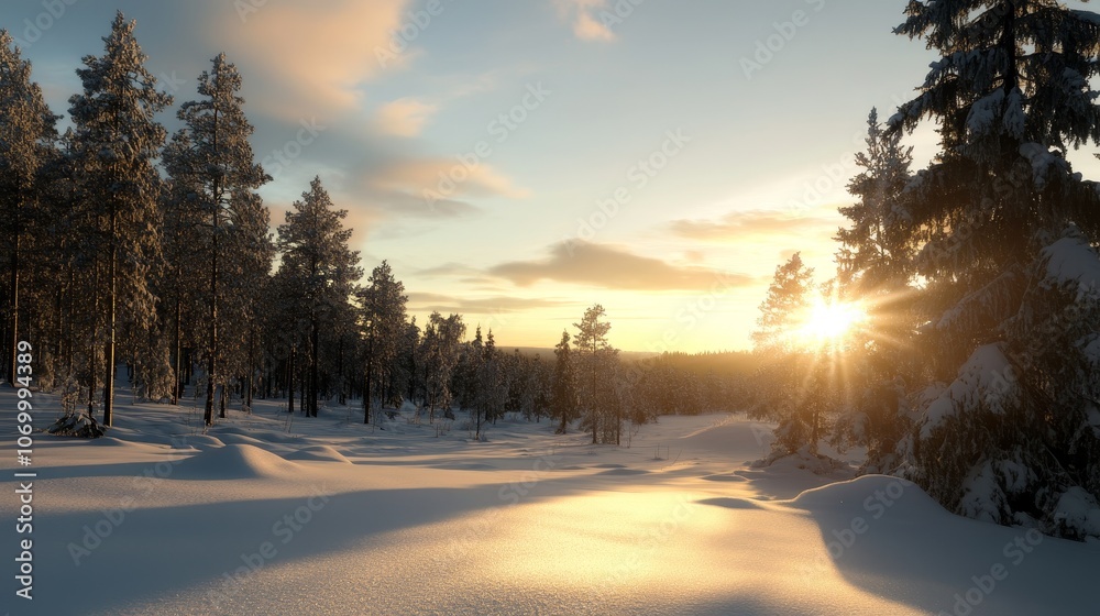 Golden sunlight breaks through frosted tree branches in a serene winter landscape, casting beautiful shadows on the untouched snow. The sky is crisp a Golden sunlight breaks through frosted tree branches in a serene winter landscape, casting beautiful shadows on the untouched snow. The sky is crisp a