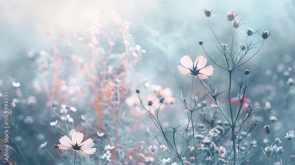 Delicate Pink Flowers in a Soft Focus Field: A Dreamy Floral Background Delicate Pink Flowers in a Soft Focus Field: A Dreamy Floral Background