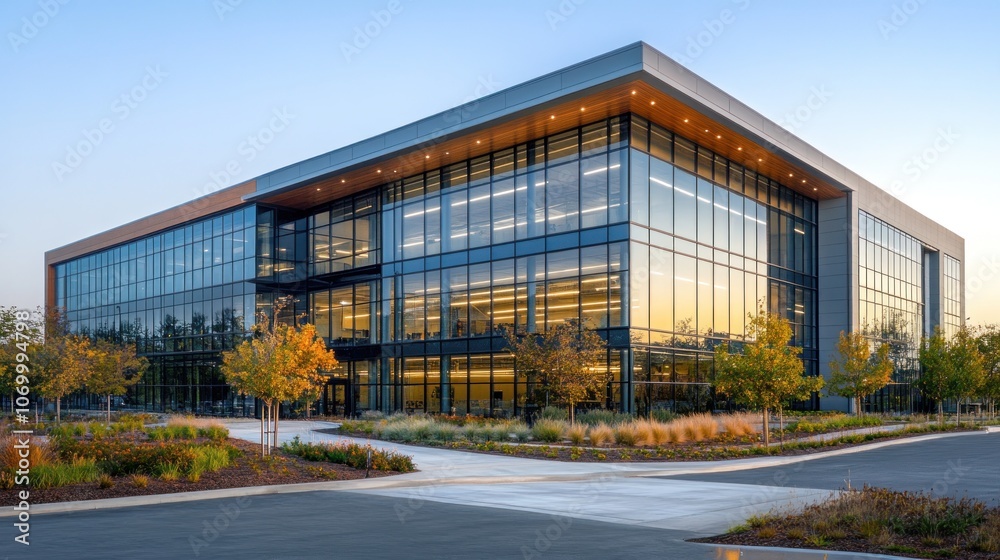 A modern glass office building with a landscaped front yard. A modern glass office building with a landscaped front yard.