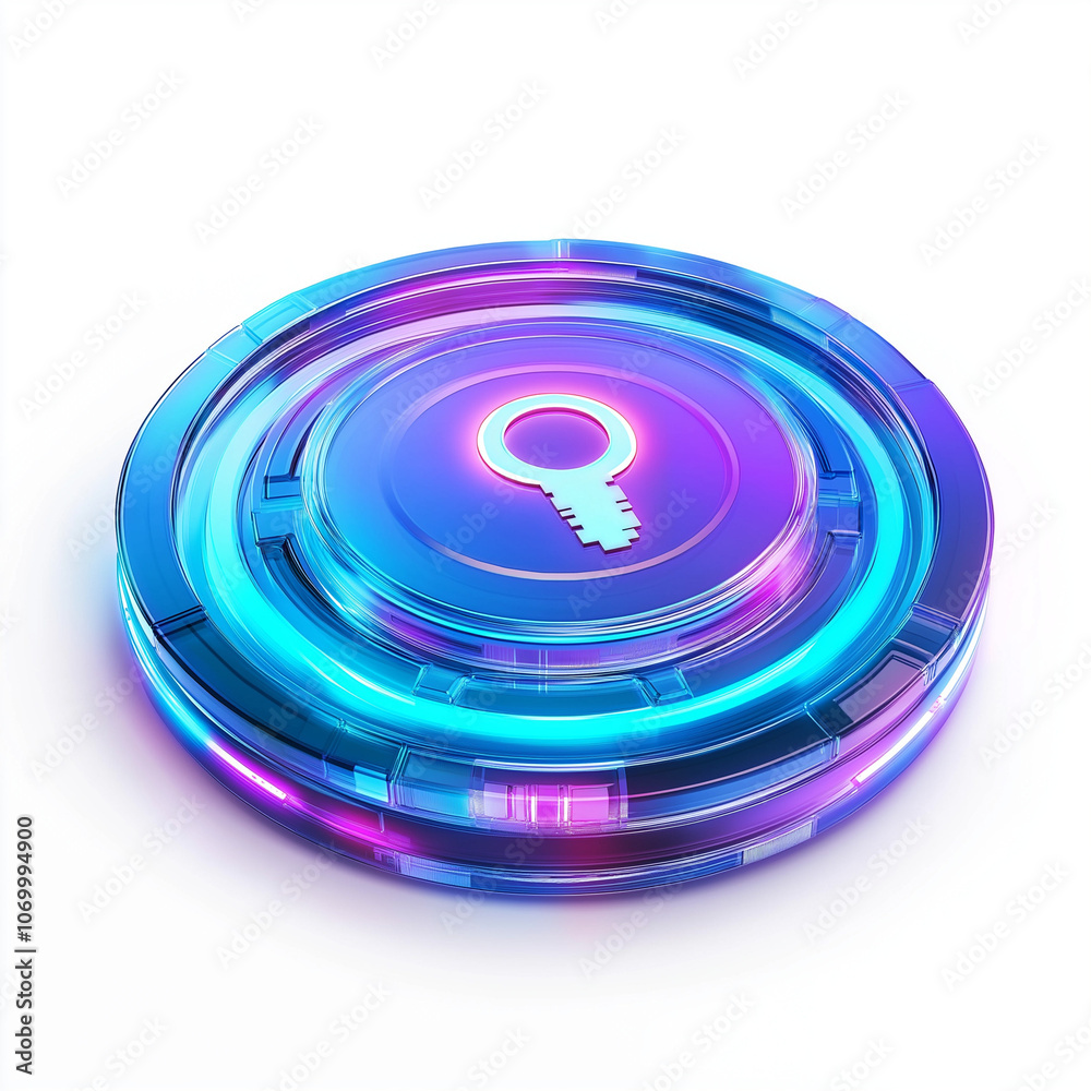 3D holographic security token with layers of blue and purple light effects 3D holographic security token with layers of blue and purple light effects