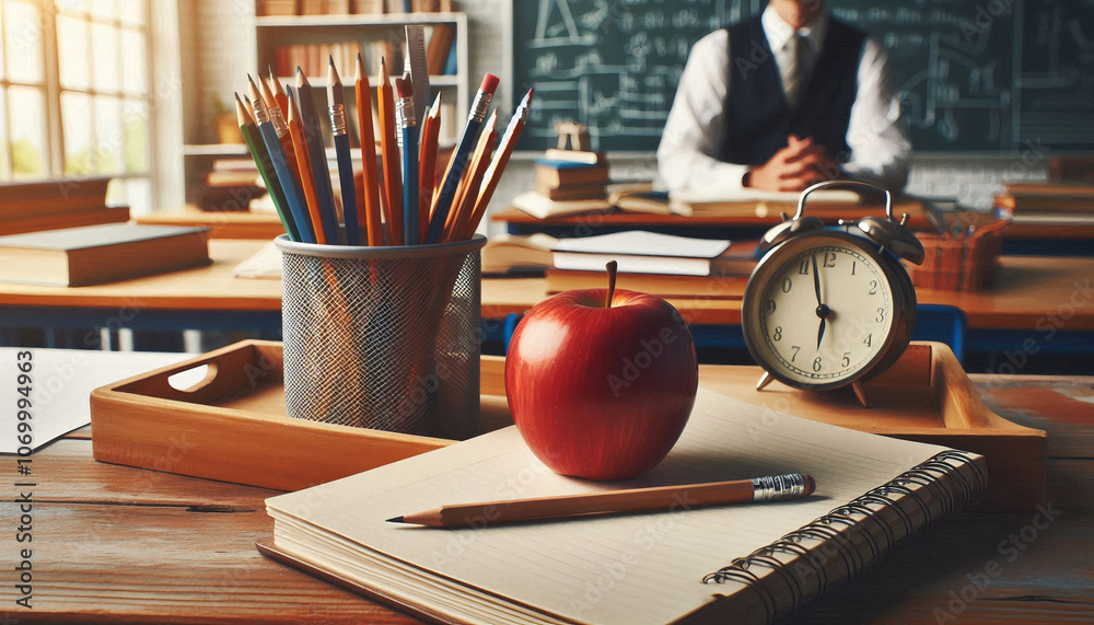 Organized school desk setup with pencils, apple, and clock, symbolizing education and classroom learning environment