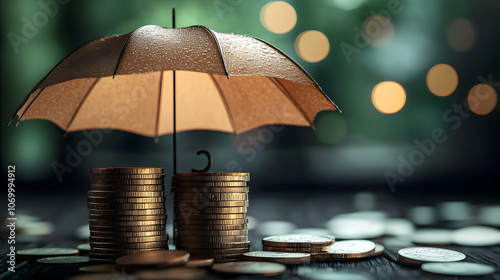 Wallpaper Mural Brown umbrella over stacks of coins, symbolizing financial protection and savings. Torontodigital.ca