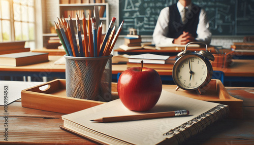 Organized school desk setup with pencils, apple, and clock, symbolizing education and classroom learning environment photo