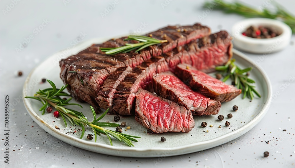 Sliced medium rare roast beef steak with rosemary and spices, Sliced medium rare roast beef steak with rosemary and spices,
