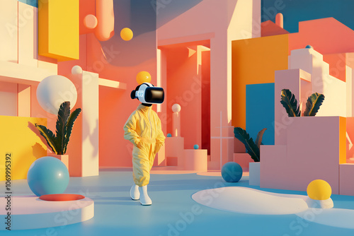 A person wearing a virtual reality headset walks through a lively and colorful environment. Generative AI