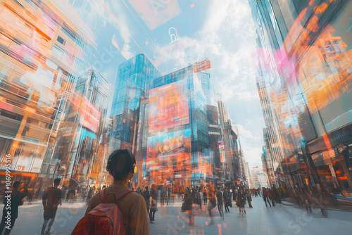 A bustling urban area filled with pedestrians exploring a city, surrounded by vivid holographic billboards and modern architecture on a sunny day. Generative AI