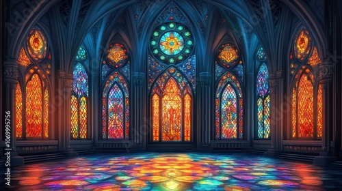 A gothic cathedral interior with stained glass windows casting colorful light on the stone floor.