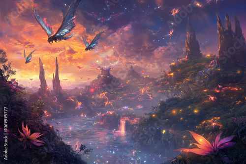 A breathtaking fantastical landscape unfolds with vibrant flowers and enchanting flying creatures soaring through a twilight sky, creating an atmosphere of wonder and joy. Generative AI