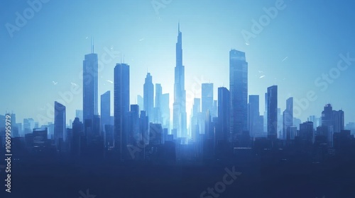 Wallpaper Mural A panoramic view of a modern city skyline with skyscrapers silhouetted against a bright blue sky. Torontodigital.ca