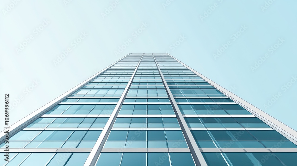 Low angle view of a tall modern skyscraper with blue glass windows against a bright sky. Low angle view of a tall modern skyscraper with blue glass windows against a bright sky.