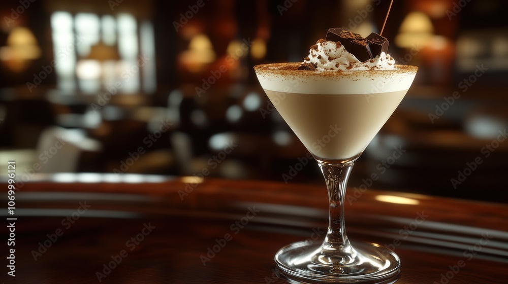 Delightful cocktail with whipped cream and chocolate served in a cozy bar setting at night Delightful cocktail with whipped cream and chocolate served in a cozy bar setting at night