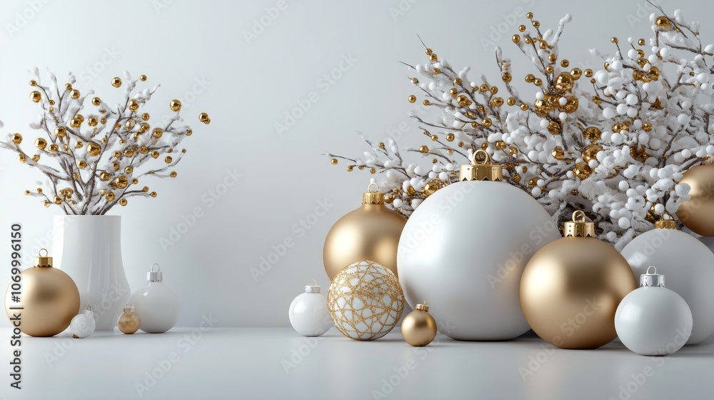 Fototapeta premium A beautiful arrangement of golden and white ornaments, including large and small round shapes, with a tree branch featuring gold berries. The backgrou
