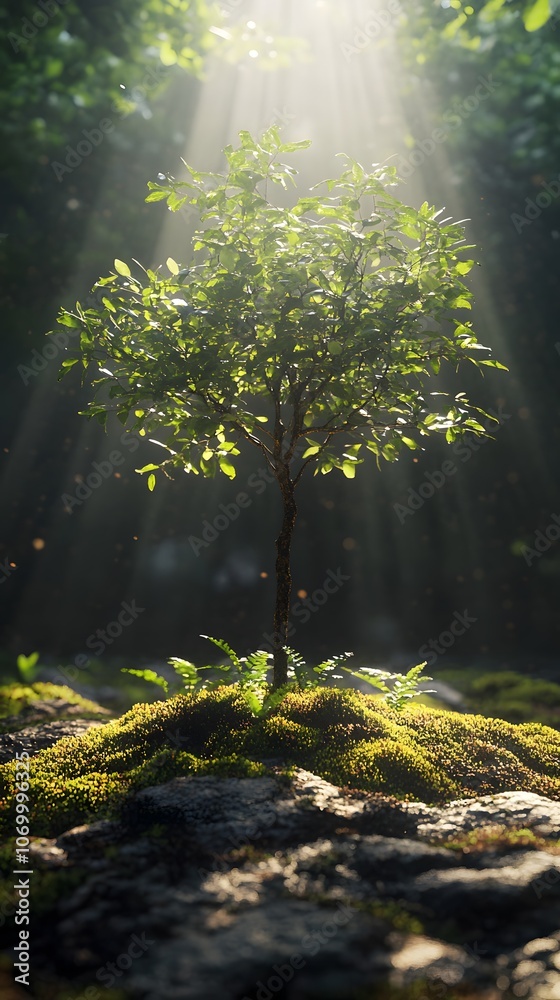 Obraz premium A serene and beautiful tree growing on mossy ground, bathed in sunlight with rays of light shining through the leaves, creating an atmosphere of tranquility and natural beauty.