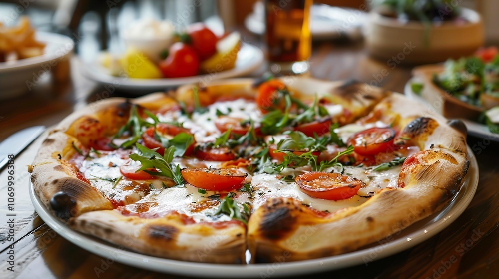 Close-up of a Delicious Pizza with Tomatoes, Mozzarella, and Arugula Close-up of a Delicious Pizza with Tomatoes, Mozzarella, and Arugula