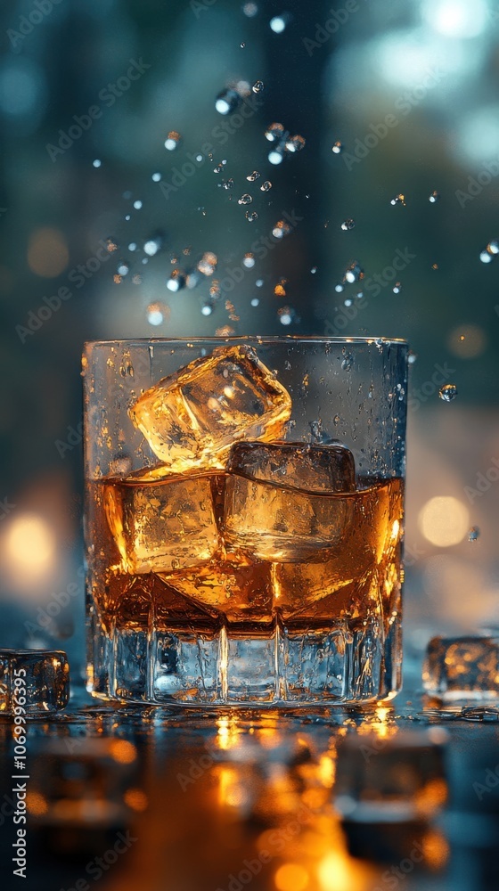 Refreshing whiskey on the rocks splashes with swirling droplets in ambient light Refreshing whiskey on the rocks splashes with swirling droplets in ambient light