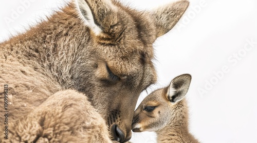 A Heartwarming Scene of a Kangaroo and Her Baby Standing Out Against the White Background