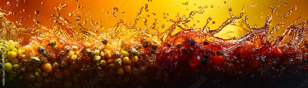Abstract Background with Golden Liquid Splashes and Colored Spheres Abstract Background with Golden Liquid Splashes and Colored Spheres