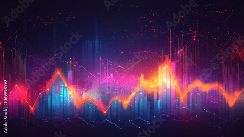 Abstract glowing line graph in red, pink and blue colors against a dark background.