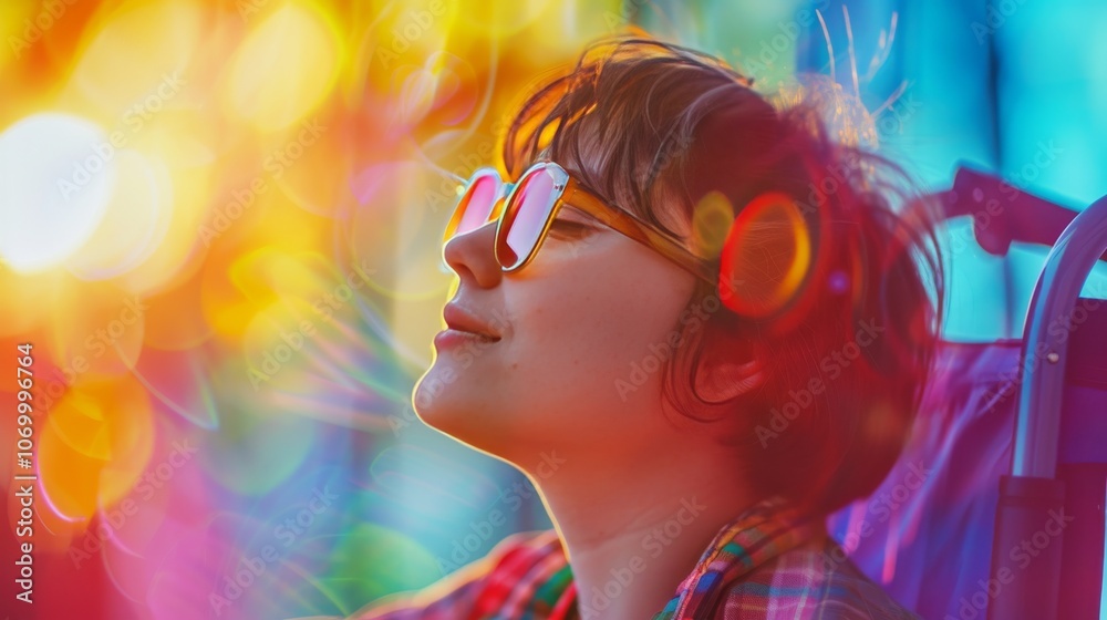 Fototapeta premium A young woman with short hair is wearing glasses and enjoying the sunlight surrounded by vibrant and colorful light flares