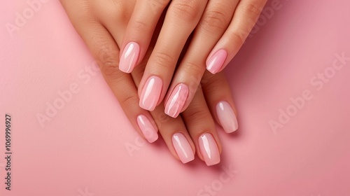 Manicure and Hands Spa. Manicured nails and Soft hands skin on pink background. Copy space