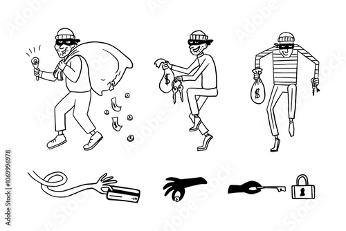 Set of bank thieves in doodle style. Bank card, credit card, safe deposit, cheater, alarm system, fishing, scam, alert, finance, bag money. Hand with a bank card, with money, with a key