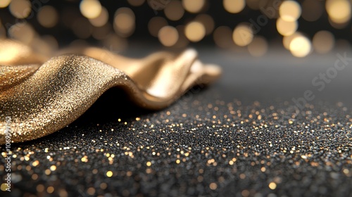 This image features a wave of shimmering gold fabric, accentuated by scattered glittering particles on a dark background. The atmosphere exudes elegan photo