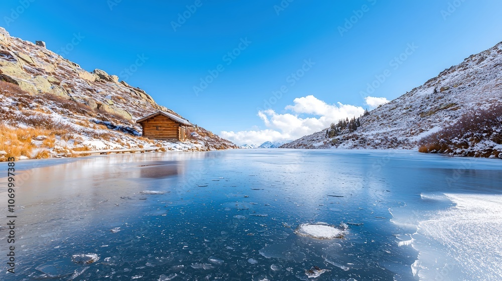 Obraz premium A breathtaking view of a frozen lake surrounded by snow-laden hills, with a clear blue sky reflecting on the icy surface. A solitary wooden cabin sits in the distance, adding warmth to the crisp