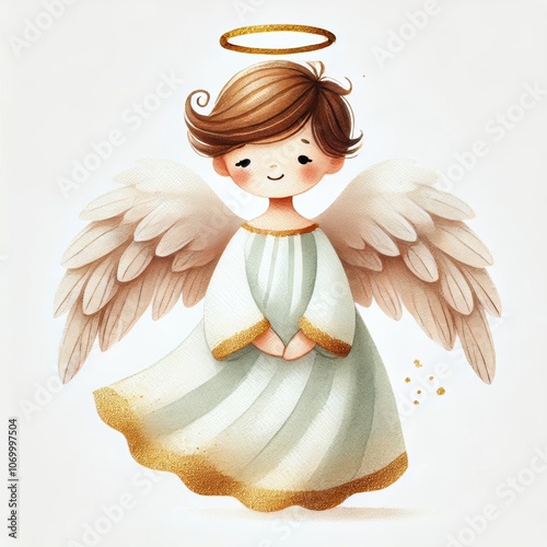 Angel with a golden halo and delicate wings clip art design in watercolor style