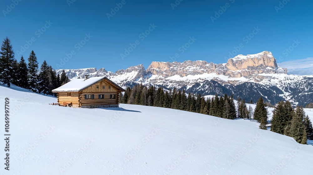 Naklejka premium A picturesque winter scene showcasing a mountain range dusted with snow, with rocky outcrops visible beneath the white blanket. A charming log cabin in the foreground is surrounded by pine trees,