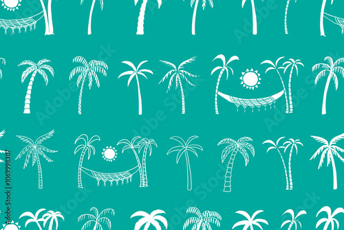 Seamless pattern of different palm trees and suns in doodle style. Summer time. Travel design. Adventure. Paradise. Hand drawn. Great for prints, poster, banner and professional design photo